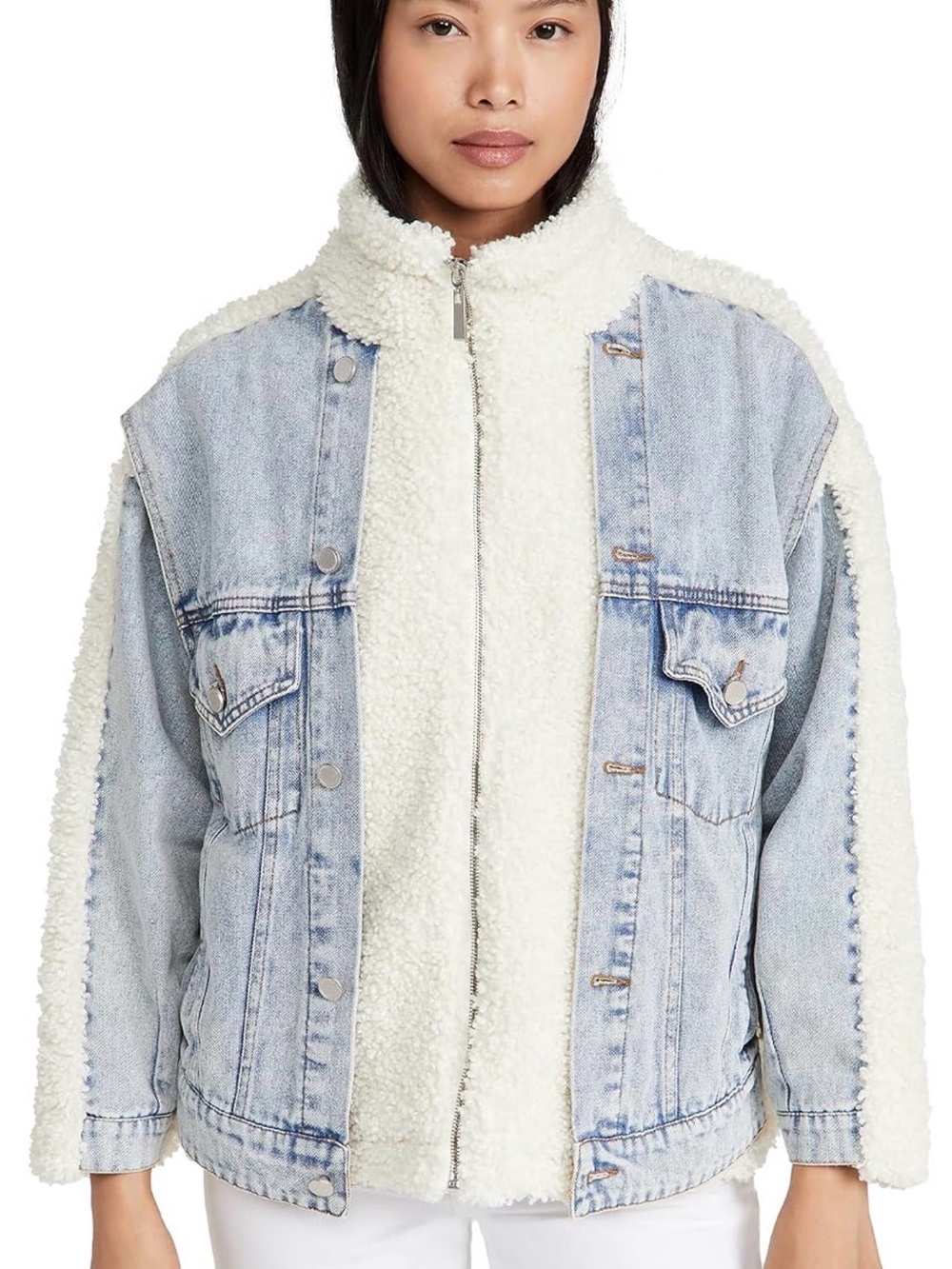 Anthropologie Light Wash Denim Jacket with White Sherpa Trim